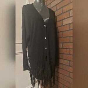 Interdee Paris Fringe Hem Cardigan Black Knit Button Front Boho Western